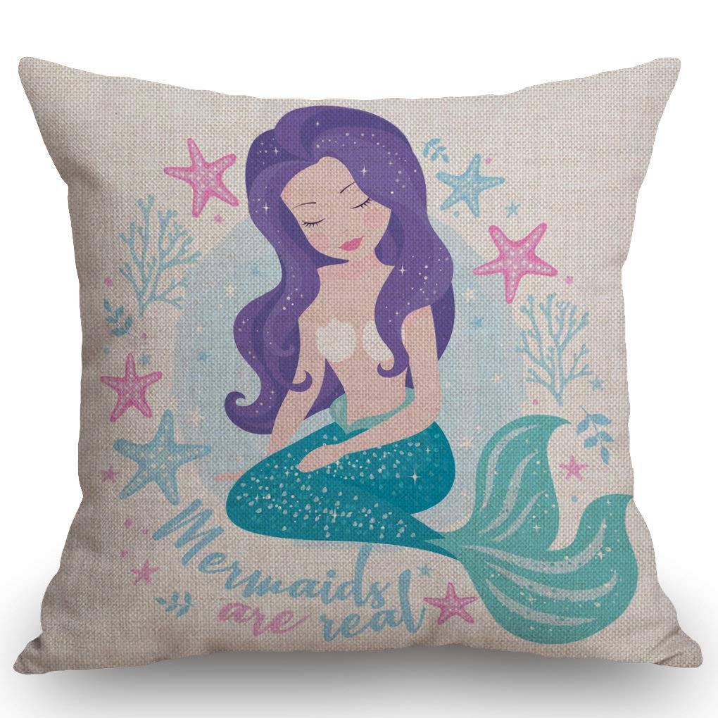 Ssoiu Cute Mermaid Throw Pillow Cover Beautiful Mermaid With Purple Hair Decoration Cotton Linen Home Decorative Throw Pillow Ca