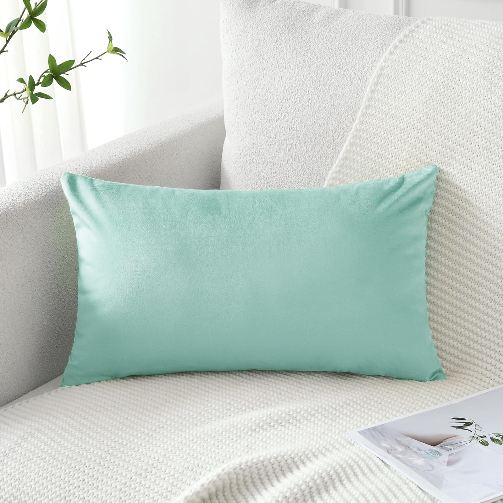 Artscope Luxury Velvet Pillow Covers Decorative Rectangle Pillowcases Soft Solid Cushion Cases For Couch Sofa Bedroom Car Decor 12X20 Inch Aqua Green