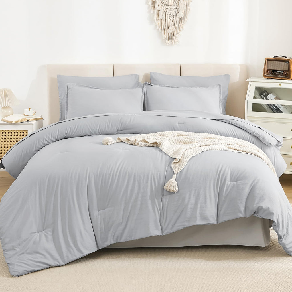 Litanika Queen Comforter Set Light Grey - 7 Pieces Bed In A Bag Queen Beddding Comforter Sets, Solid Lightweight Bed Set With Co