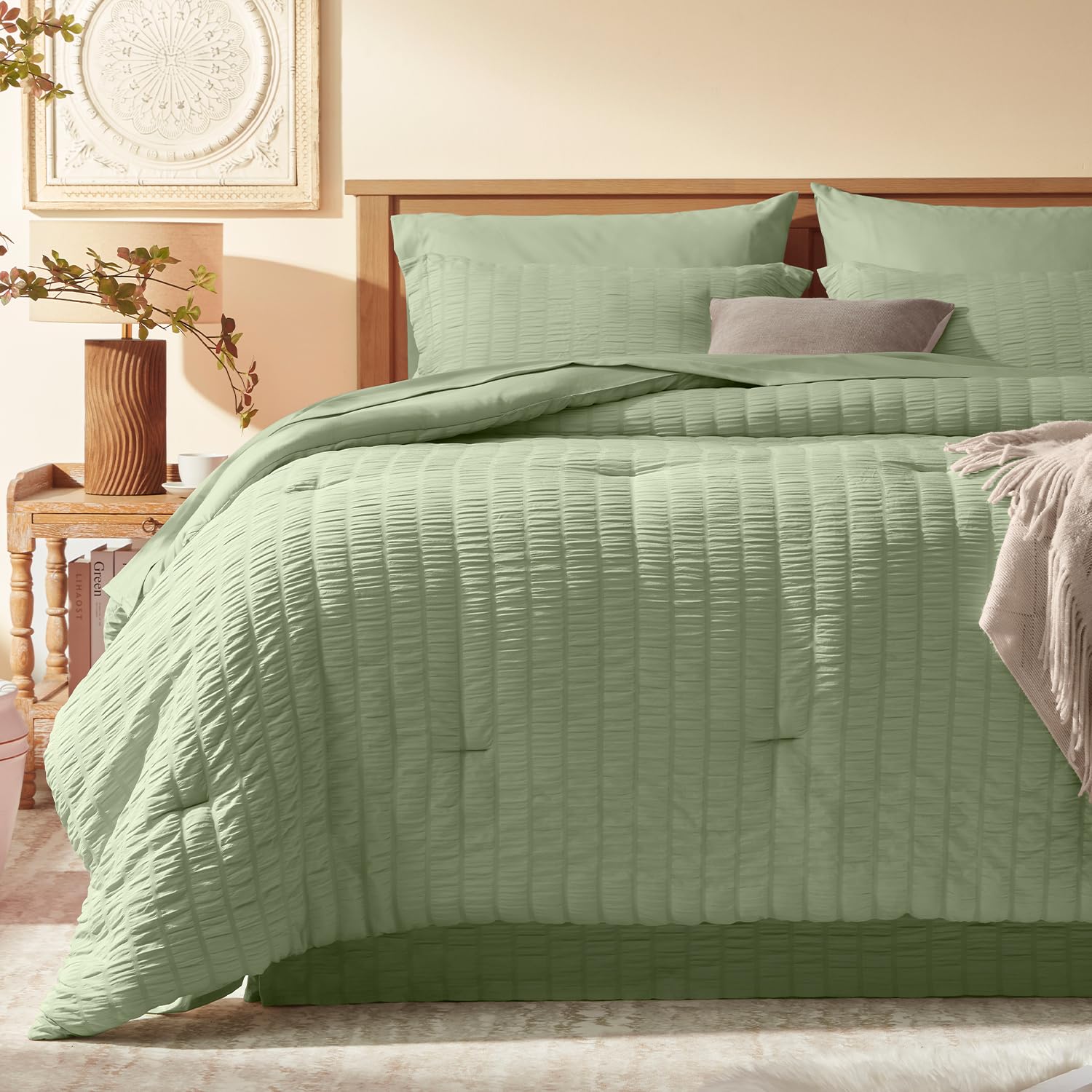Laojin Balhen King Comforter Set 8 Pieces, Seersucker Bed In A Bag King, Sage Green Comforter With Sheets, Comforters King Size