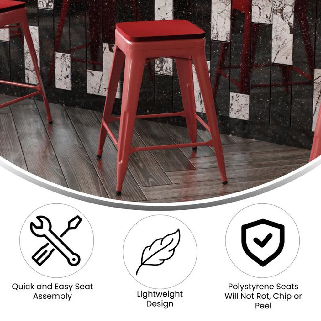 Flash Furniture Kai Commercial Grade Indoor-Outdoor Counter Height Stool - Red Metal Frame - Red Poly Resin Seat - 24" High - Backless