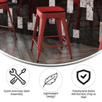 Flash Furniture Kai Commercial Grade Indoor-Outdoor Counter Height Stool - Red Metal Frame - Red Poly Resin Seat - 24" High - Backless