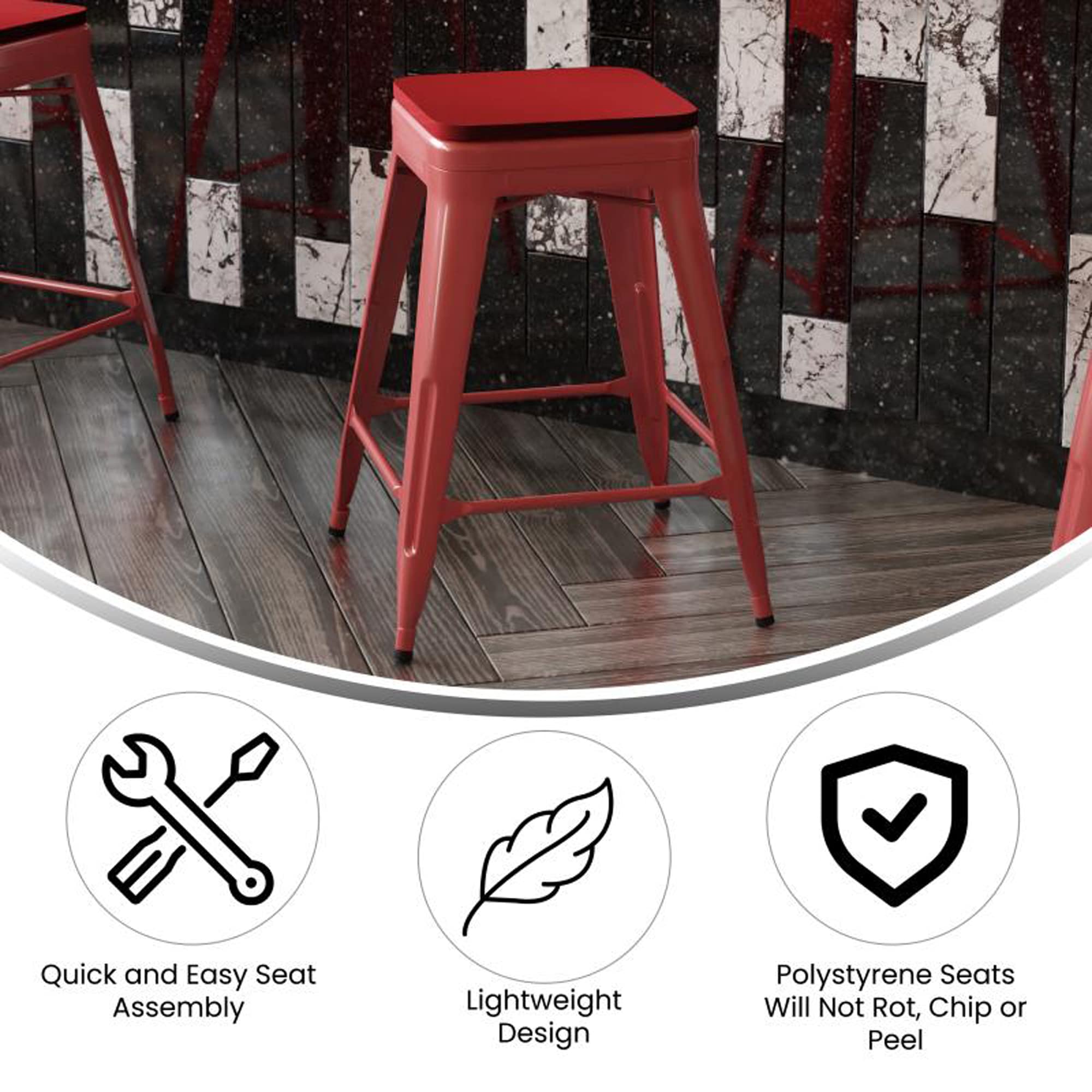 Flash Furniture Kai Commercial Grade Indoor-Outdoor Counter Height Stool - Red Metal Frame - Red Poly Resin Seat - 24" High - Backless