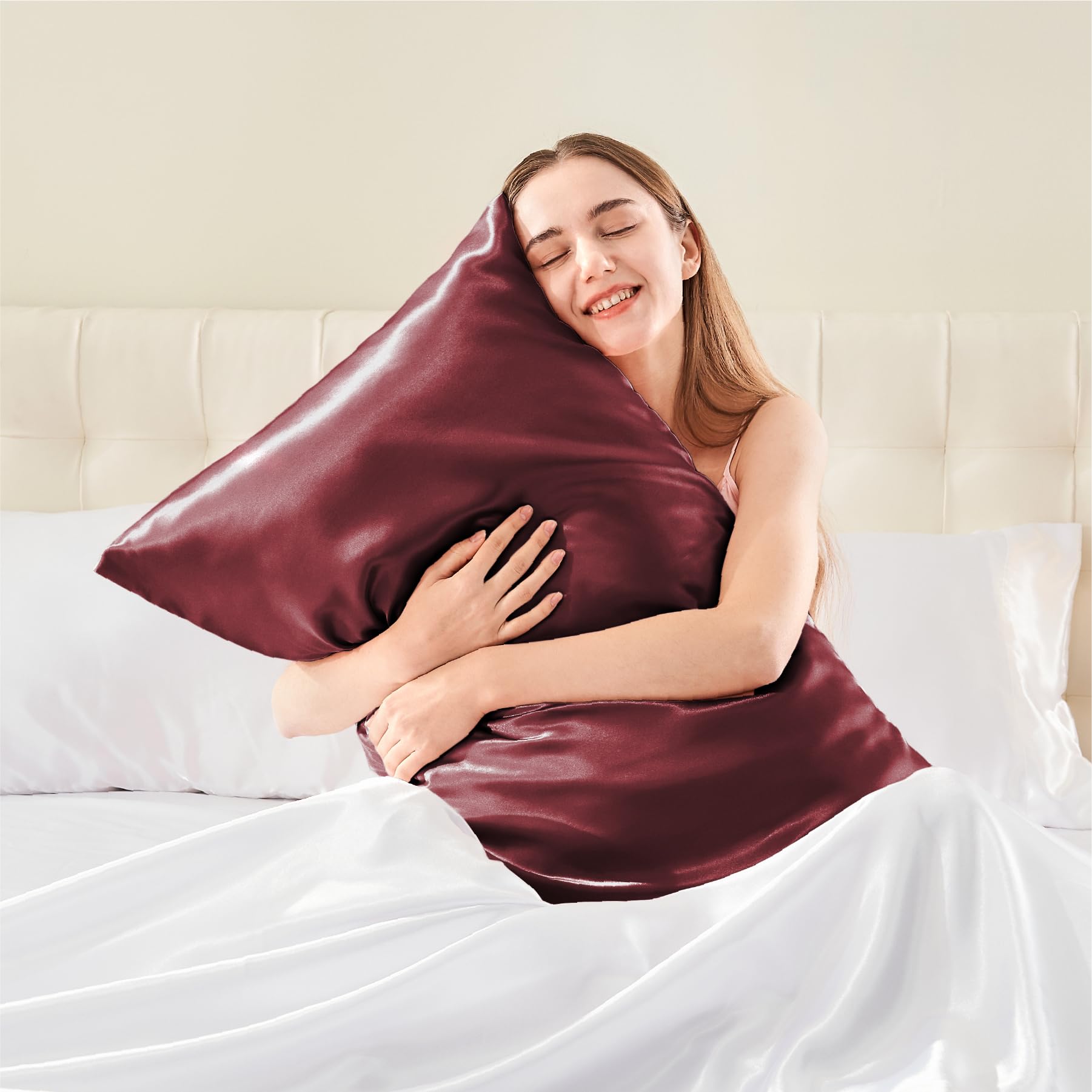 Bedelite Satin Pillowcase With Zipper 2 Pack, Burgundy Pillow Cases Standard Size, Super Soft And Cooling Similar To Silk Pillow