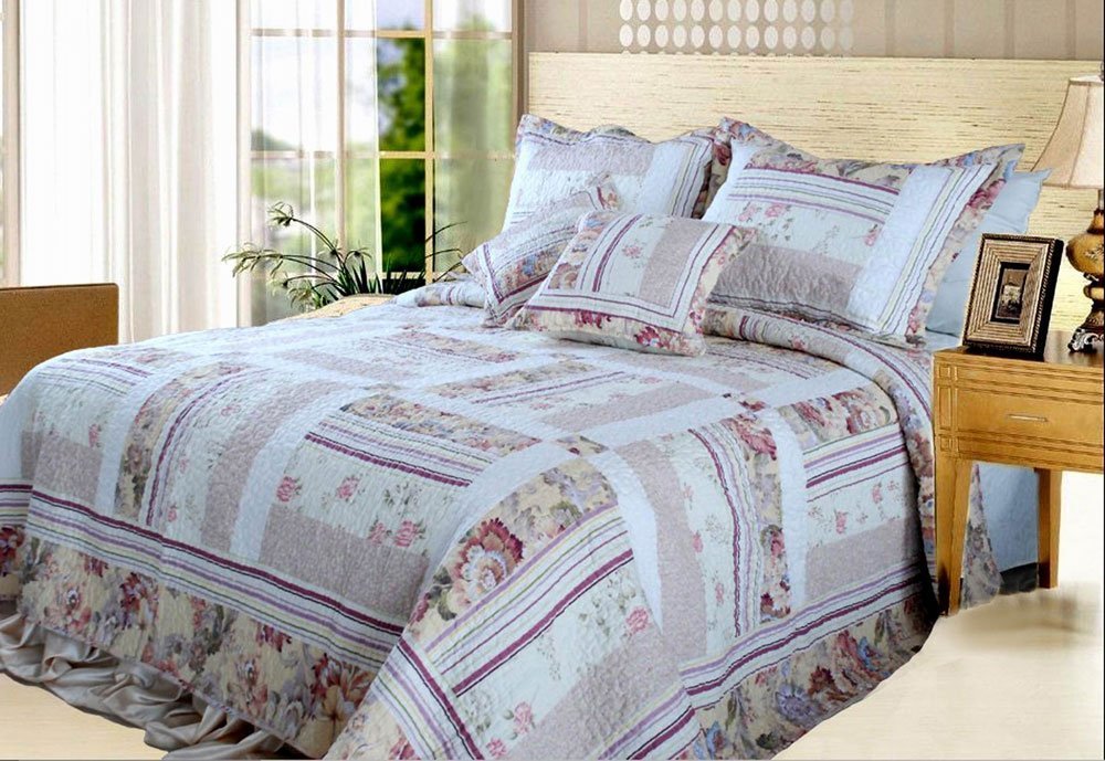 Dada Bedding Collection Floral Patchwork Cotton Quilt - Rustic Wooden Headboard Compatible - Pastel Bedspread With Classic Patte