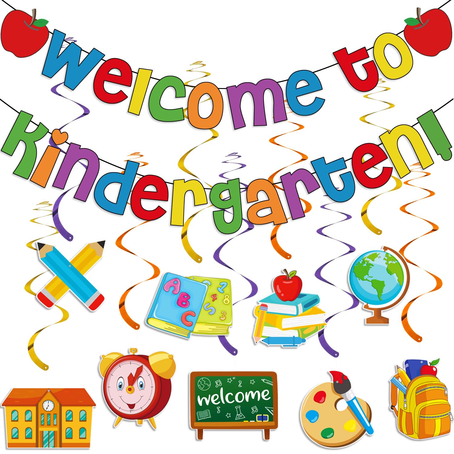 Back to School Decorations, Welcome To Kindergarten Banner, Back to School Hanging Swirls Colorful First Day of School Party Dec
