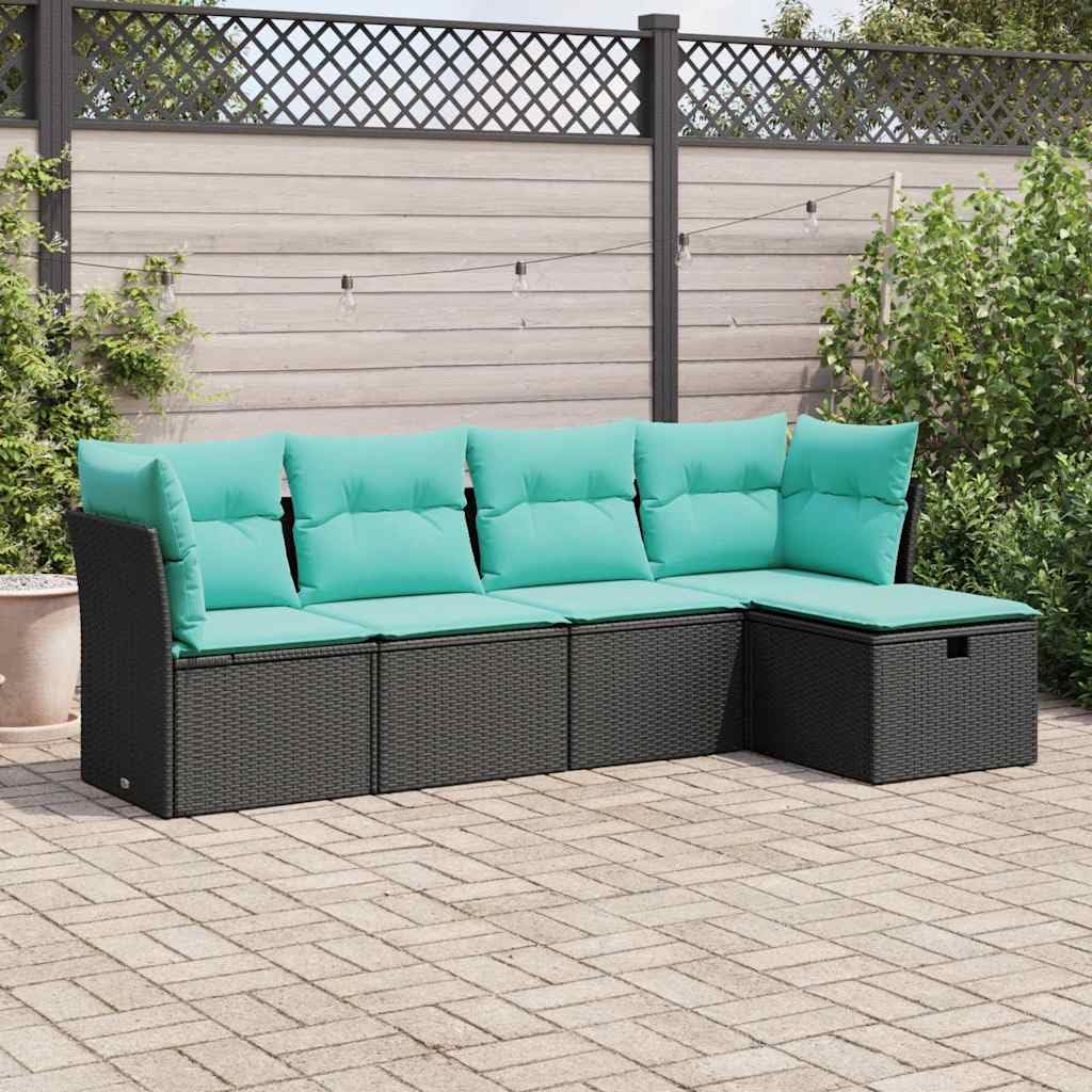 vidaXL Patio Sofa Set with Black Poly Rattan Frame and Blue Cushions - Lightweight, Weather-Resistant for Garden or Terrace, Includes Storage