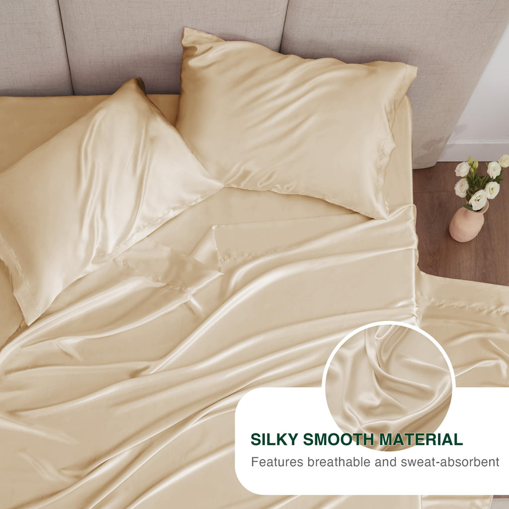 Love'S Cabin Twin Satin Sheets Sets - 3 Piece Beige Silky Satin Bed Sheets Twin With Deep Pockets, Luxury Silk Feel Satin Twin Size Sheet Set Bedding Set (1 Flat Sheet,1 Fitted Sheet,1 Pillow Case)