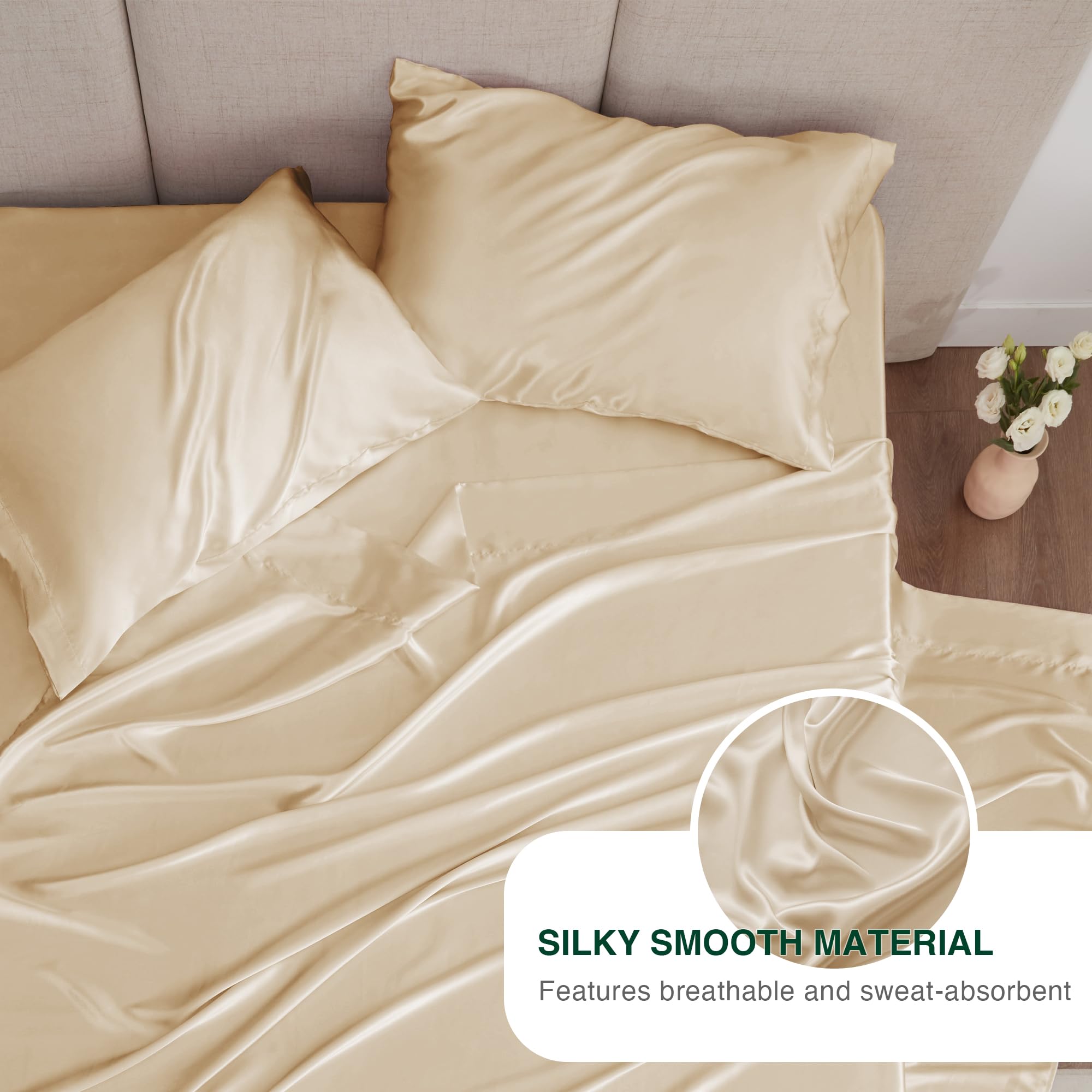 Love'S Cabin Satin Queen Sheets Set - 4 Piece Beige Silky Satin Bed Sheets Queen Set With Deep Pocket, Luxury Silk Feel Satin Queen Size Sheet Set (1 Flat Sheet,1 Fitted Sheet,2 Pillow Cases)