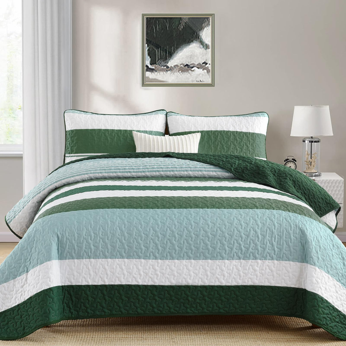 Dinjoy Green King Quilt Set Striped, Lightweight Boho Bedspreads King Size Quilt Bedding Set Micofiber 3 Pieces Forest Green Qui