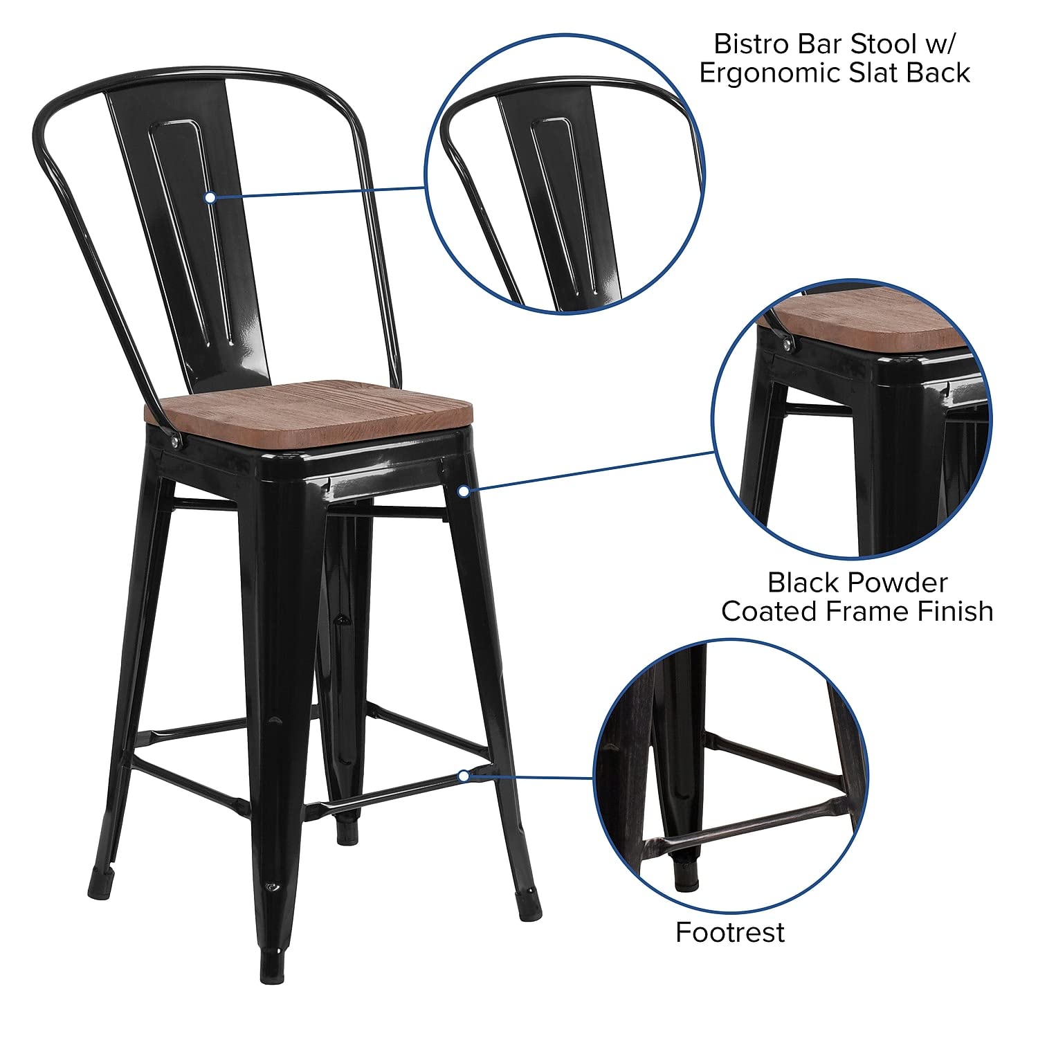 Flash Furniture Lily 24' High Black Metal Counter Height Stool With Back And Wood Seat (Pack Of 1)