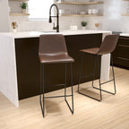 Flash Furniture Reagan 30" Leathersoft Barstools With Footrest, Mid-Century Modern Bucket Style Bar Height Stools, Set Of 2, Dark Brown