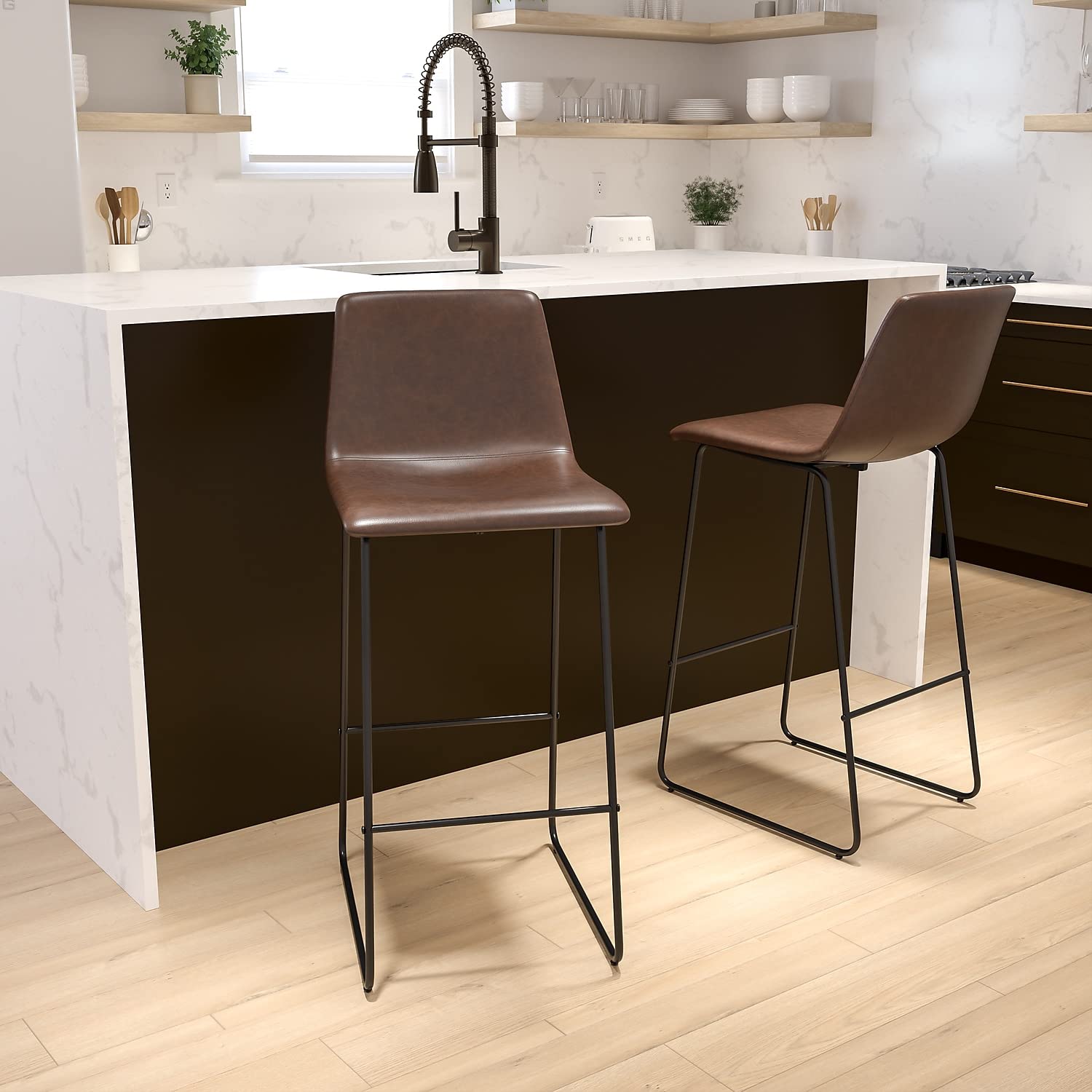 Flash Furniture Reagan 30" Leathersoft Barstools With Footrest, Mid-Century Modern Bucket Style Bar Height Stools, Set Of 2, Dark Brown
