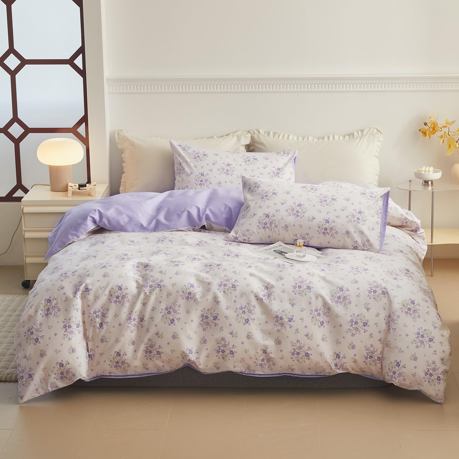 Purple Floral Comforter Set Queen Soft Fluffy Microfiber Garden Floral Bedding Comforter Set Chic Shabby Flowers Printed Comfort