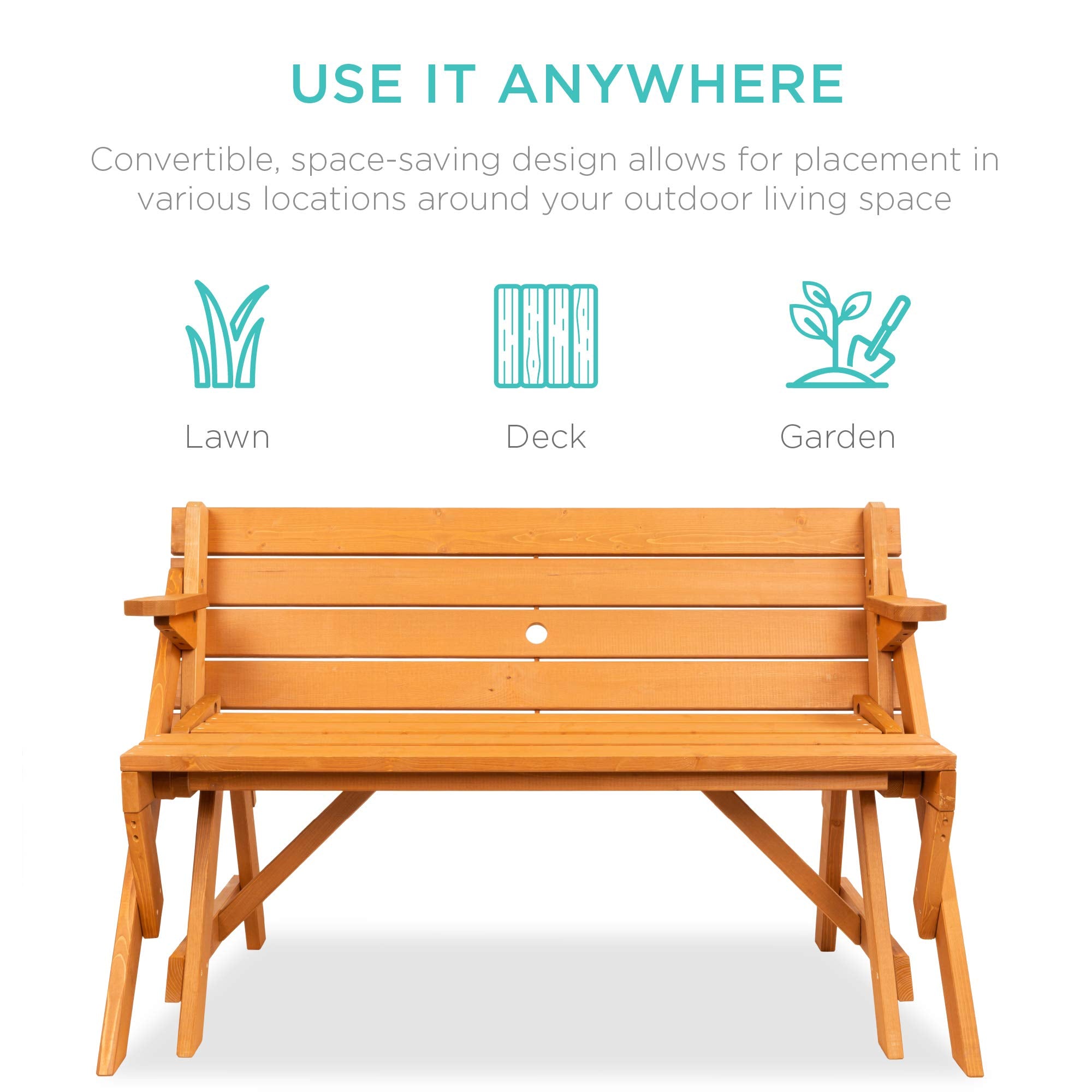 Best Choice Products 2-In-1 Transforming Interchangeable Outdoor Wooden Picnic Table Garden Bench For Backyard, Porch, Patio, Deck W/Umbrella Hole - Natural
