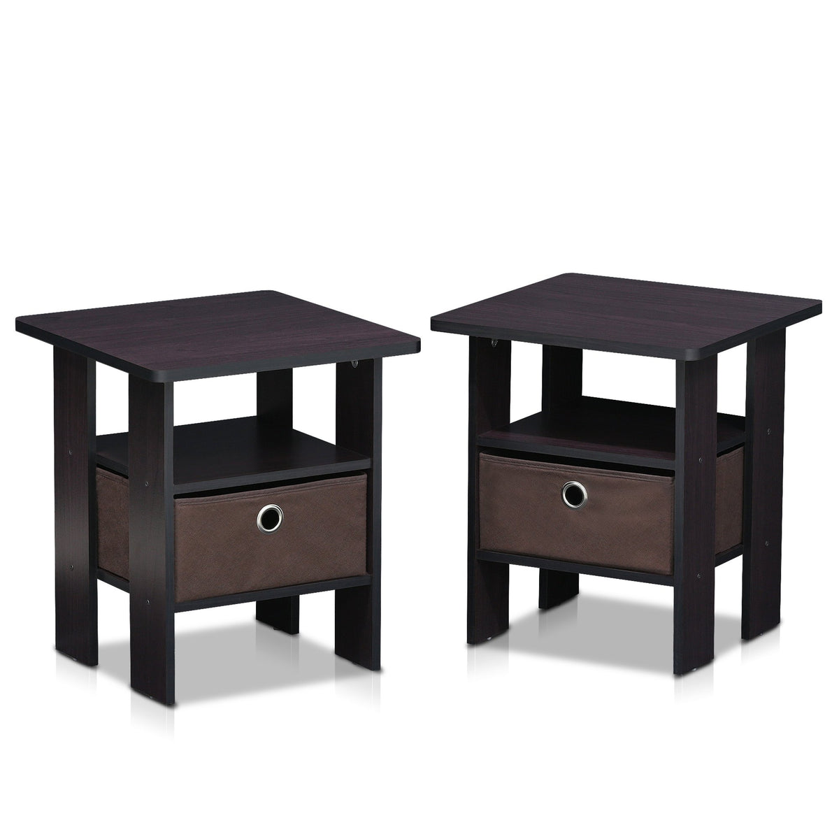 Furinno Andrey Set Of 2 End Table / Side Table / Night Stand / Bedside Table With Bin Drawer, Dark Walnut