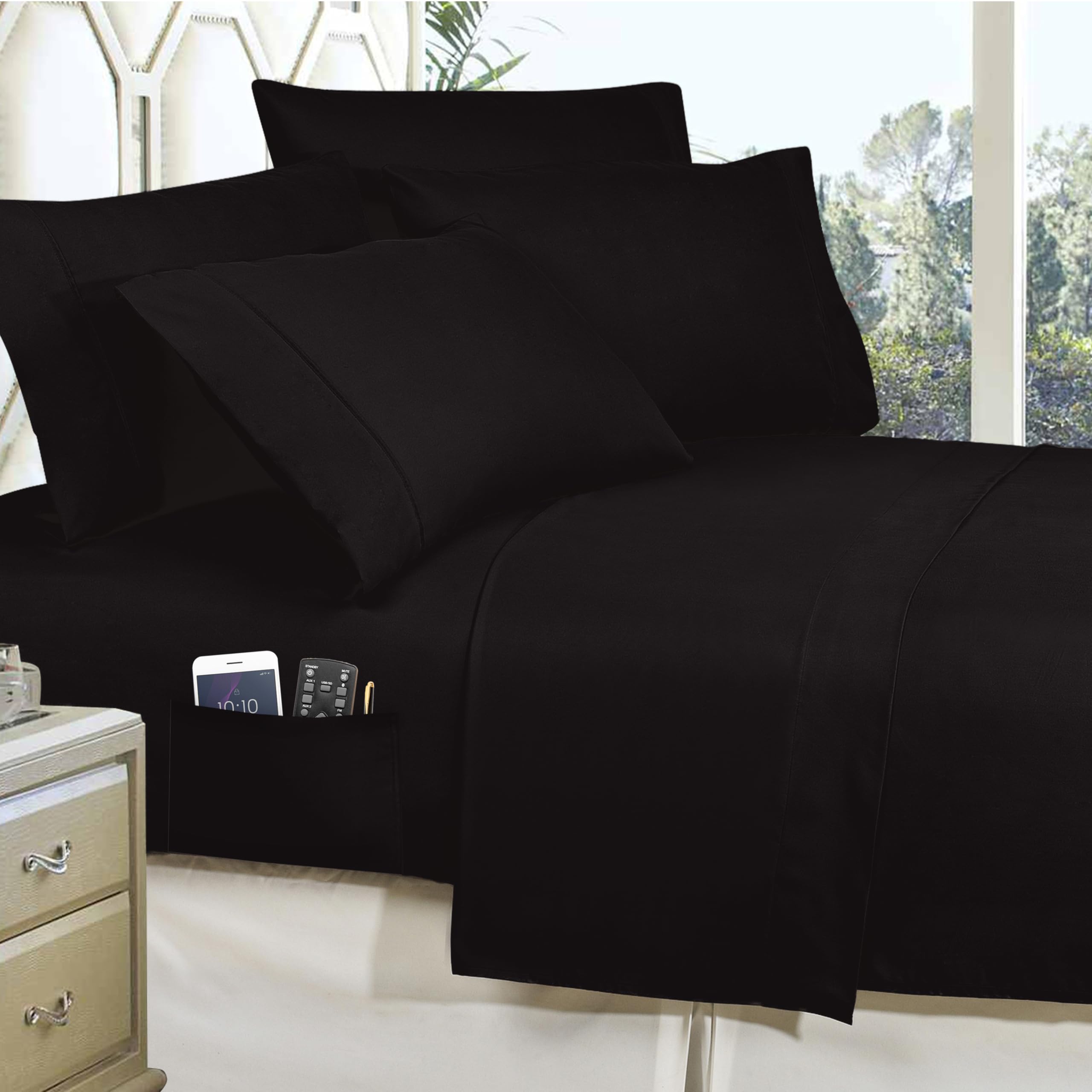 Elegant Comfort Luxury Best, Softest, Coziest 8-Piece Bed-In-A-Bag Comforter Set On Amazon Silky Soft Complete Set Includes Bed Sheet With Double Sided Storage Pockets, King/Cal King, Black