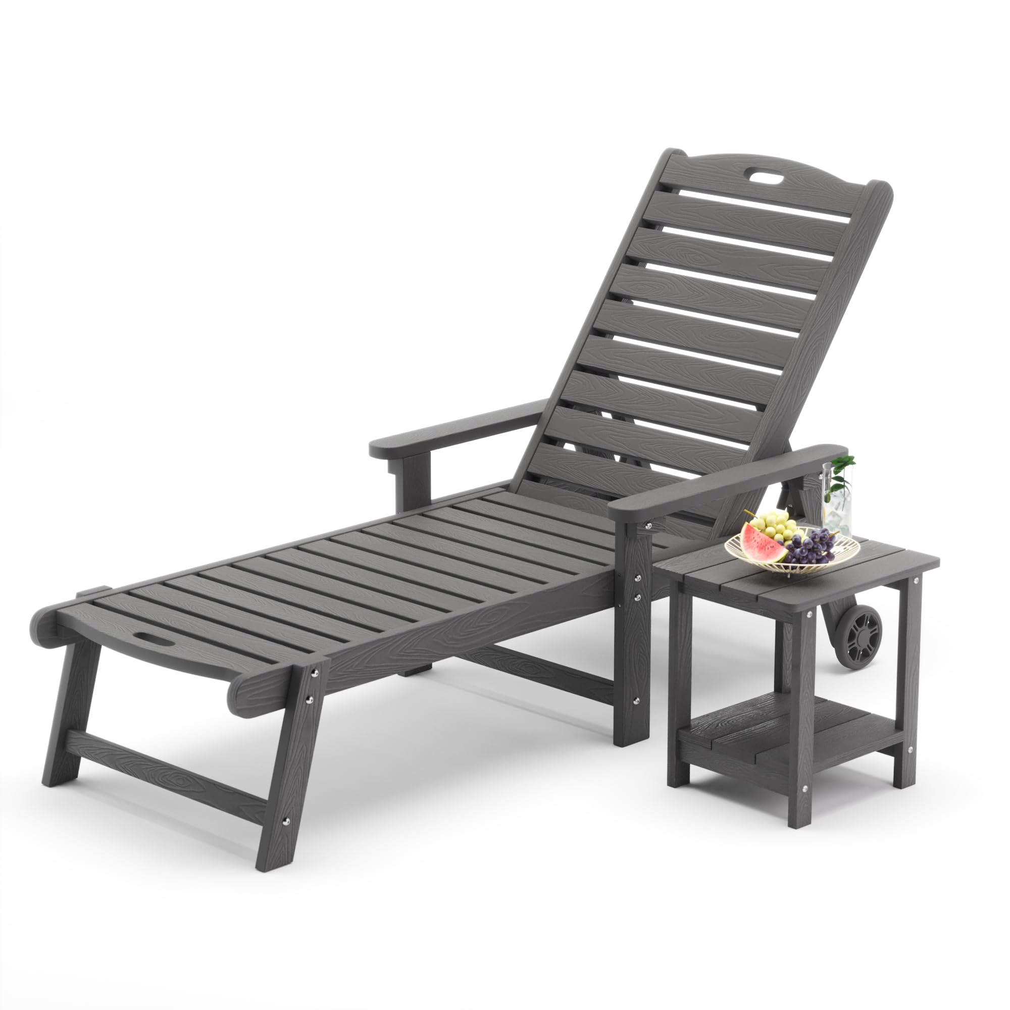 Lue Bona Chaise Lounge Chair With Table, 2-Piece,79'' Oversized Hdps Chaise Lounger, 5 Positions Adjustable Lounge Chairs, Pool Lounge Chair With Wheels For Poolside, 3 Year Warranty, Dark Gray