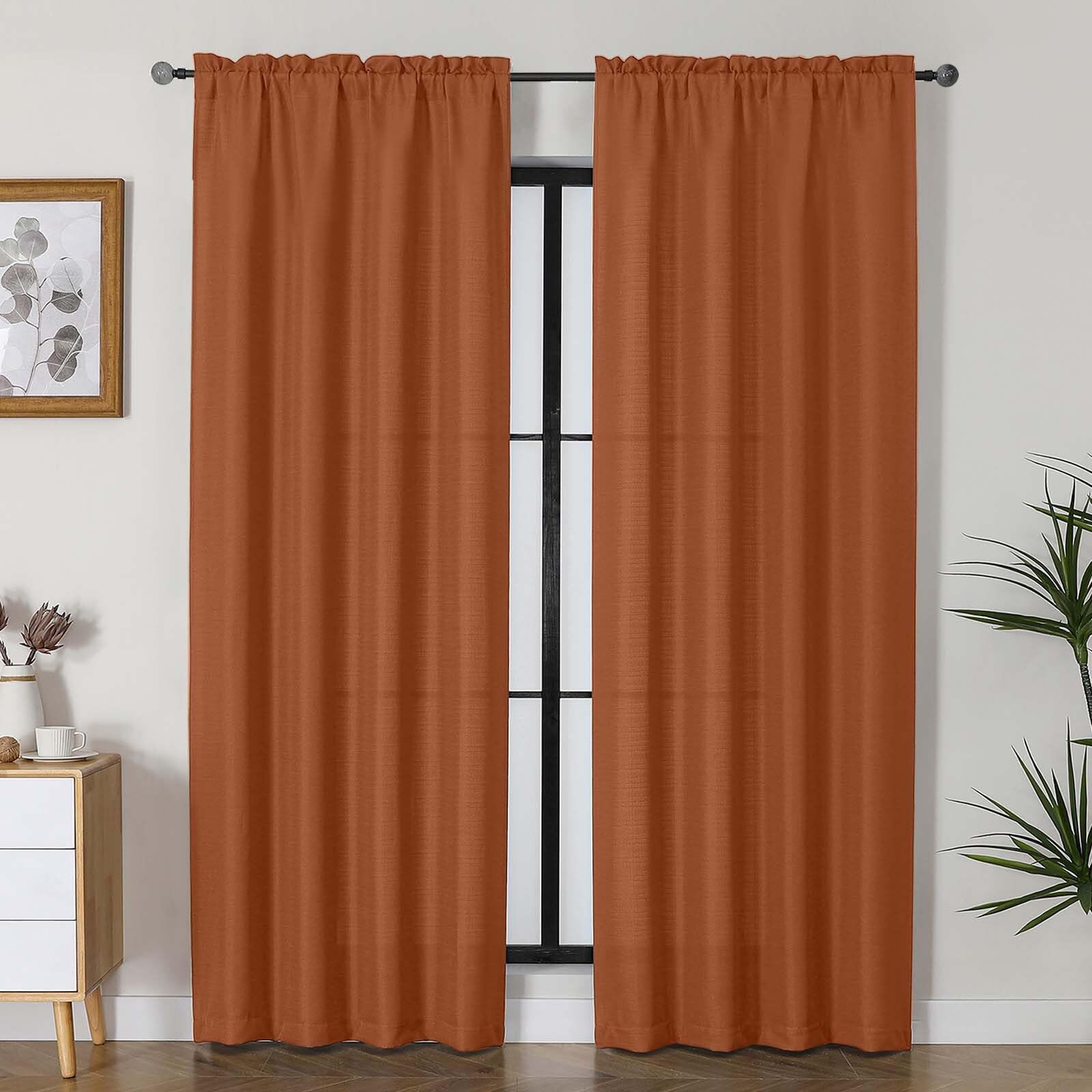 Lecloud Bessie Orange Curtains for Living Room 84 Inches Long 2 Panels, Airy Privacy Light Filtering Curtain Drapes, Faux Linen 