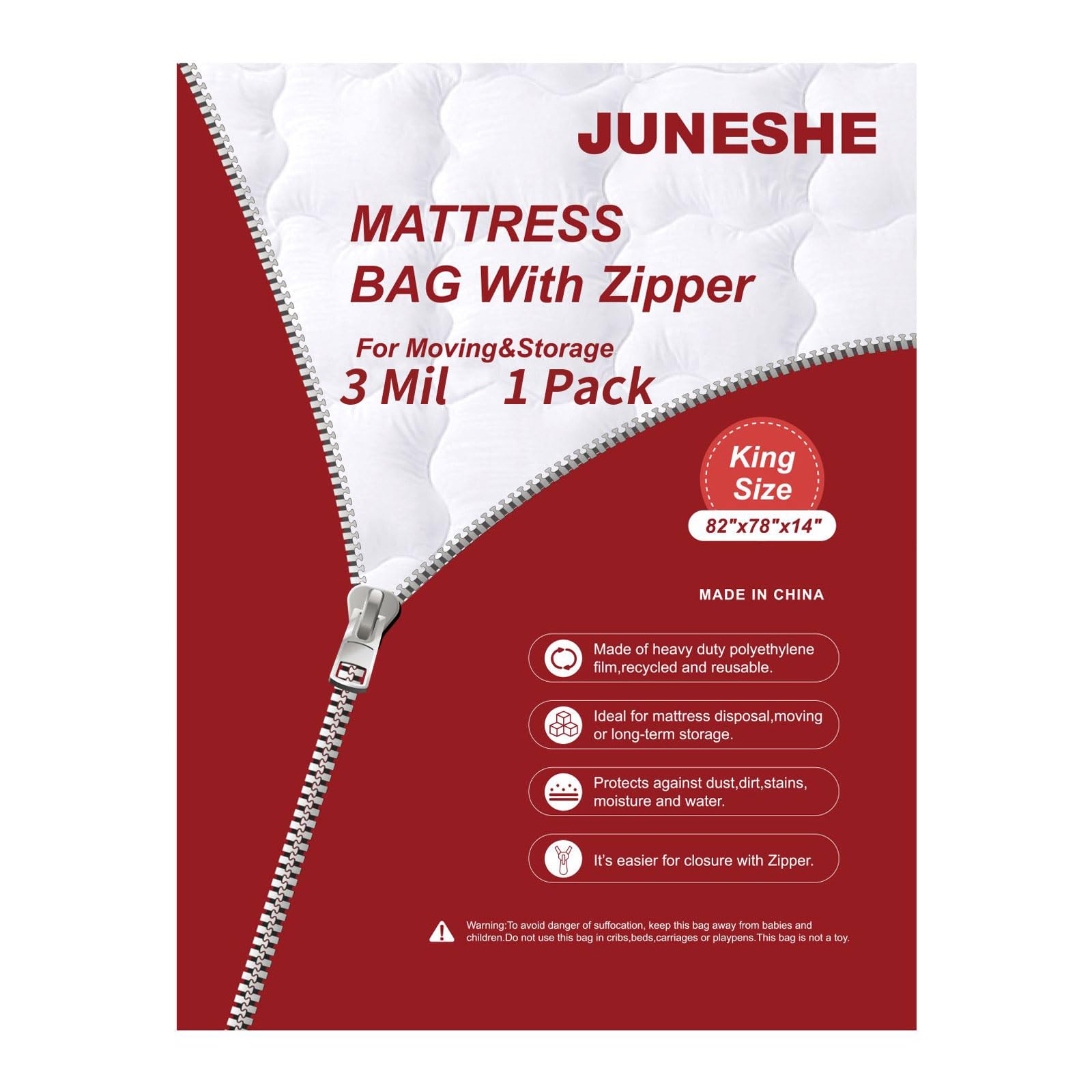 JUNESHE King Mattress Bag for Moving and Storage-3 Mil Zipper Plastic Waterproof Mattress Storage Bag