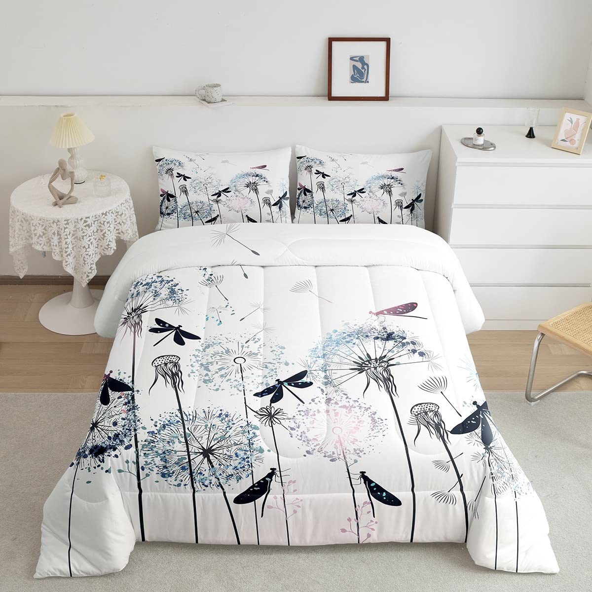 Dragonfly Dandelion Comforter Set Queen Size,Colorful Animals Plants Bedding Quilt For Kids Girls Woman Adult Room Decor,Nature