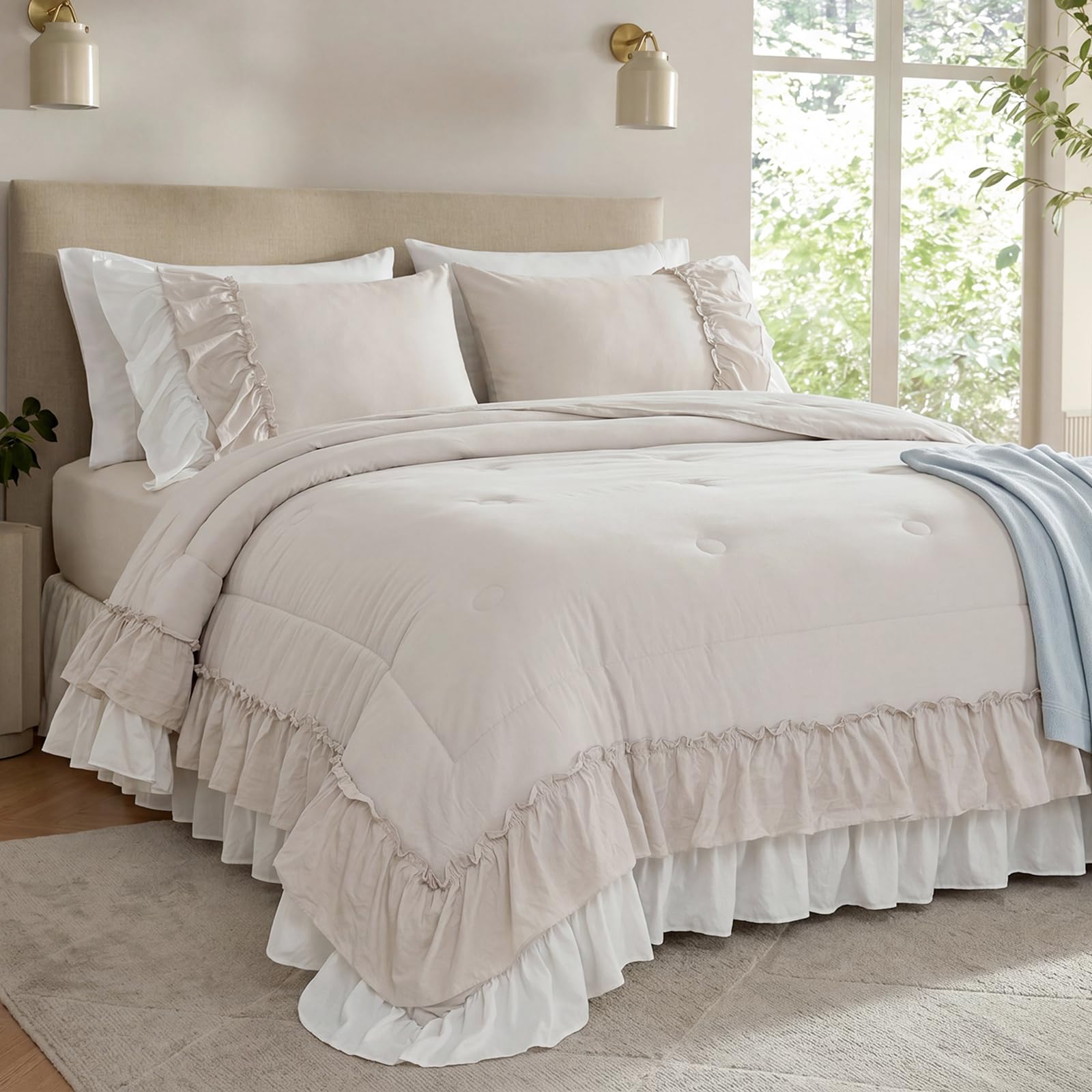 White Ruffled Comforter Queen Size Boho Comforter Set Shabby Chic 2 Layers Ruffles Home Decor Farmhouse Bedding Comforter Ultra 