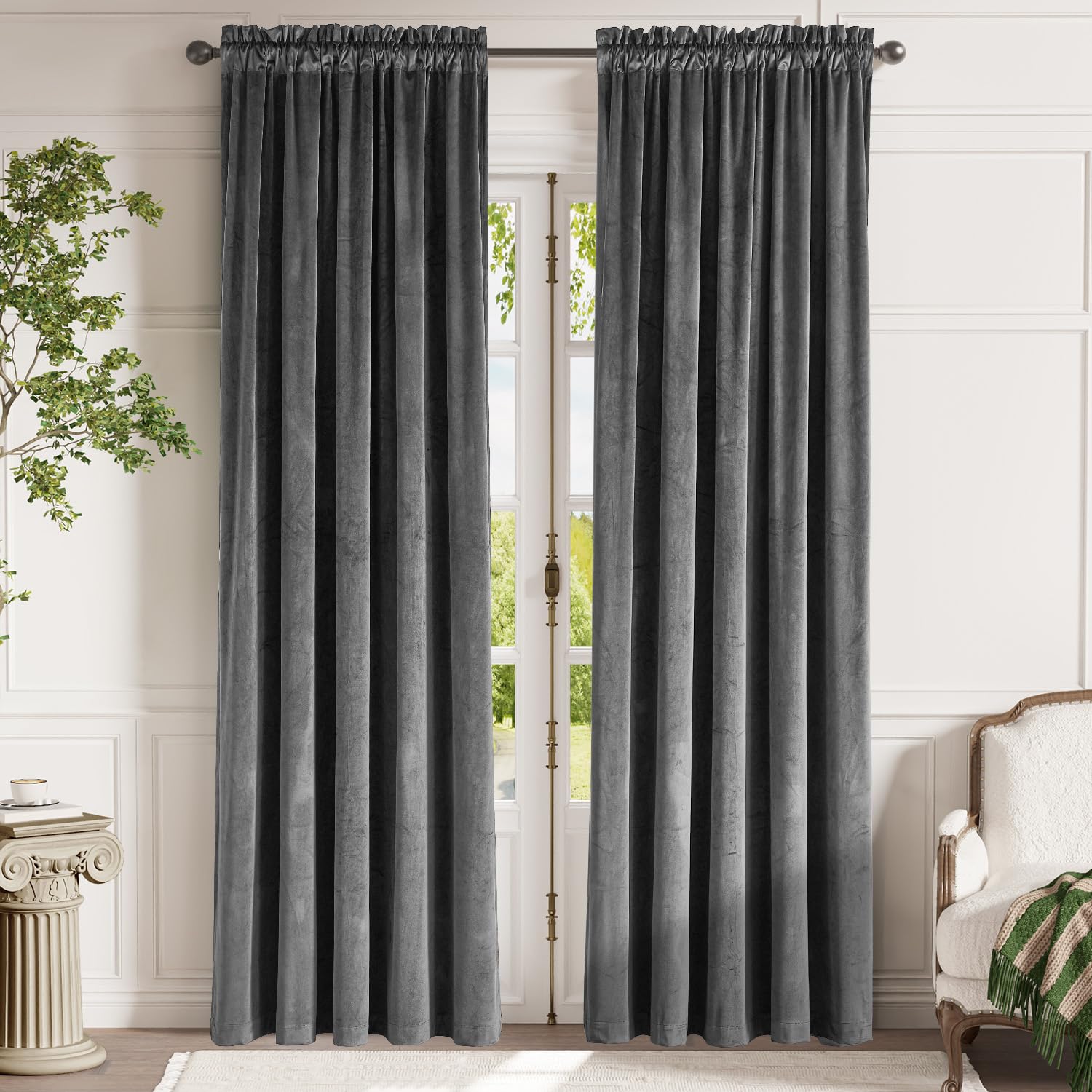 Lazzzy Grey Velvet Blackout Curtains 90 Inches Long Thermal Insulated Drapes For Bedroom Living Room Darkening Window Treatments