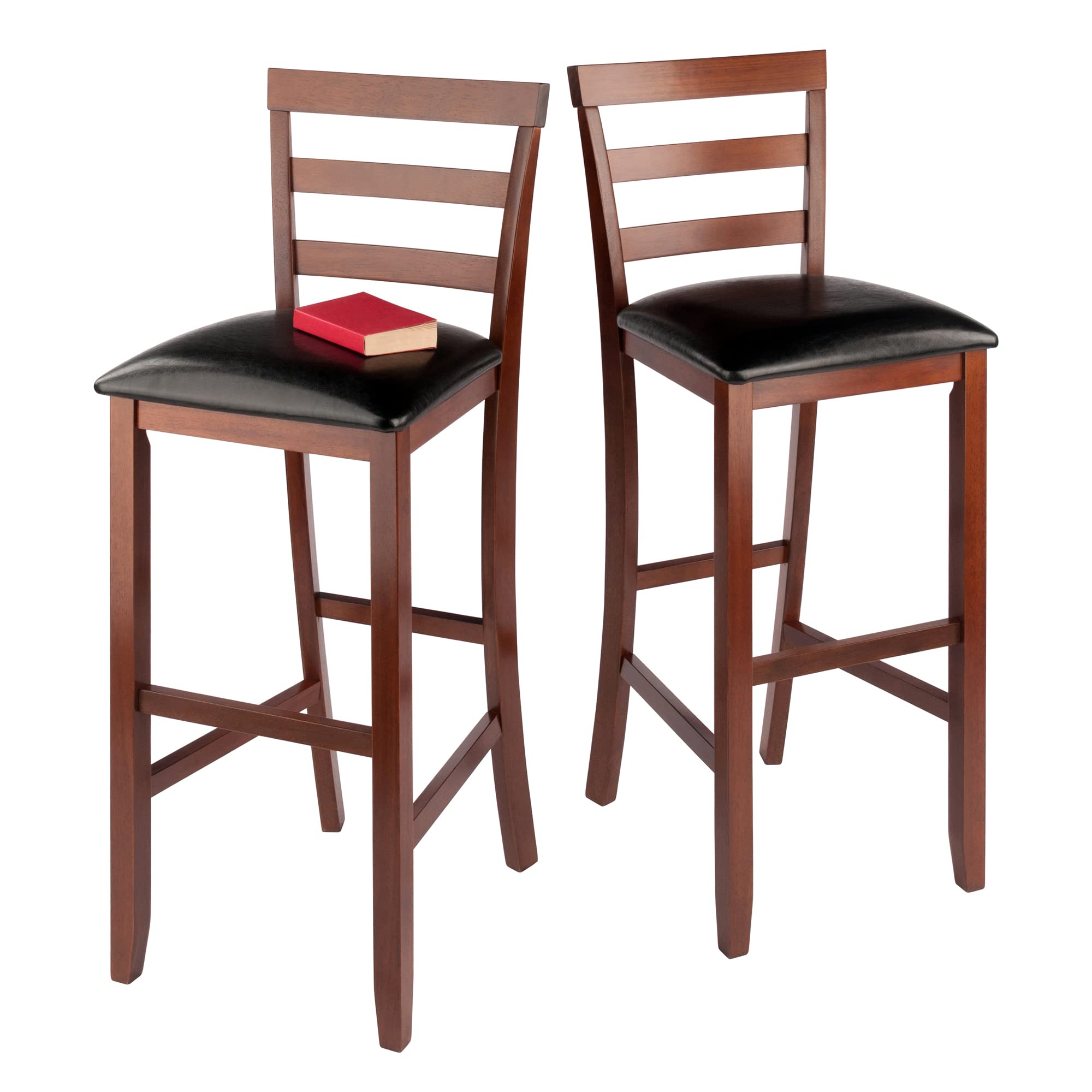 Winsome Simone 2-Pc Ladder Back Bar Stools Set, 30' Seat Height, Walnut Finish with Black Faux Leather