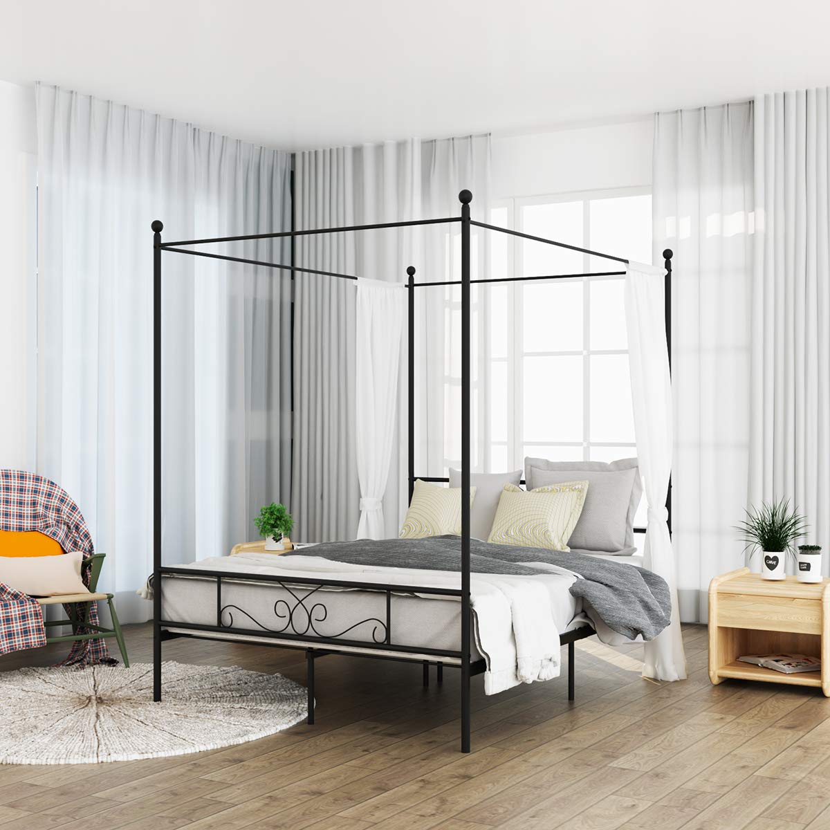 Weehom Queen Canopy Bed Frame With Headboard And Footboard, 4 Posters Metal Bed Frame, No Box Spring Needed, Mattress Foundation Platform Bed For Kids And Adults, Black