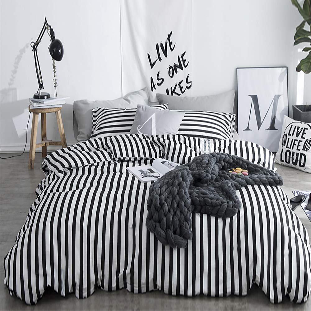 karever White and Black Stripes Comforter Set Cal King Women Bedding Set Soft Durable White Striated Bedding Set Black Stripes C