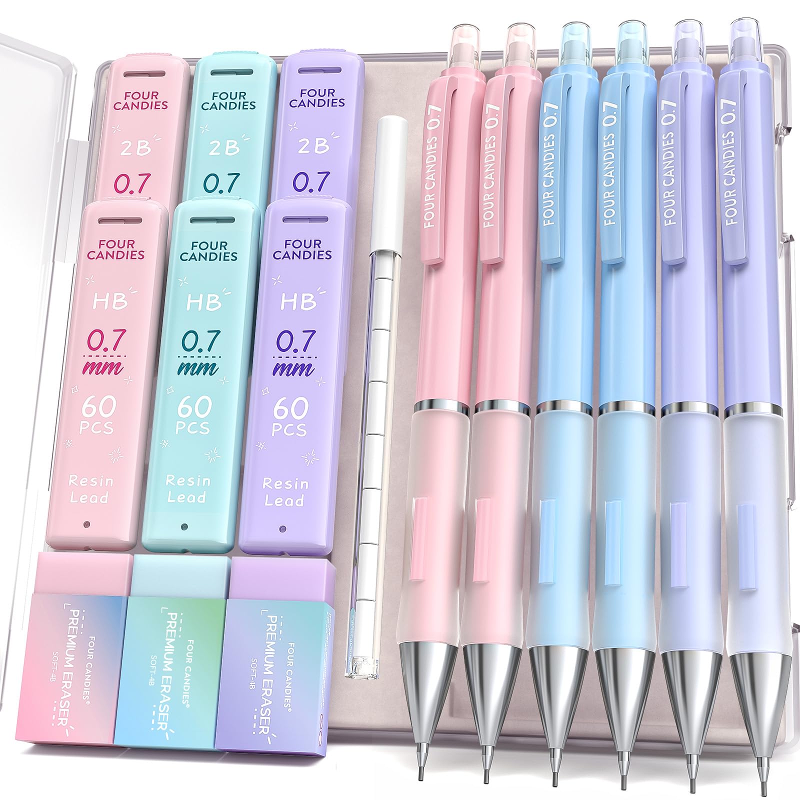 Four Candies 0.7Mm Mechanical Pencil Set - 6Pcs Cute Pencils With 360Pcs Hb & 2B Lead Refills, 3Pcs Pastel Erasers And 9Pcs Eras