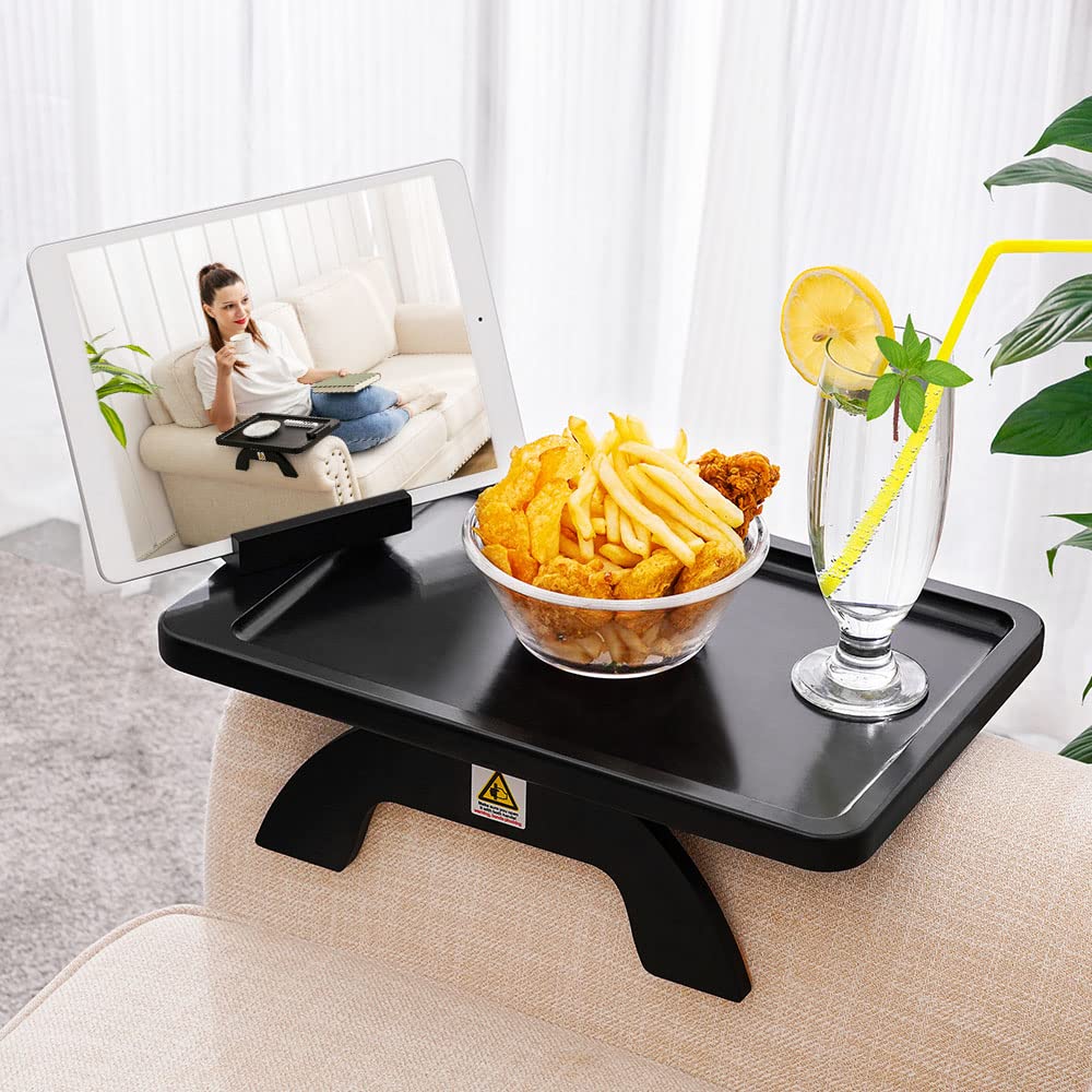 Sinwant Sofa Armrest Tray,Clip On Couch Arm Table, Foldable Sofa Arm Tray With 360° Rotating Phone Holder And Stable Sofa Table For Eating And Drink, Black