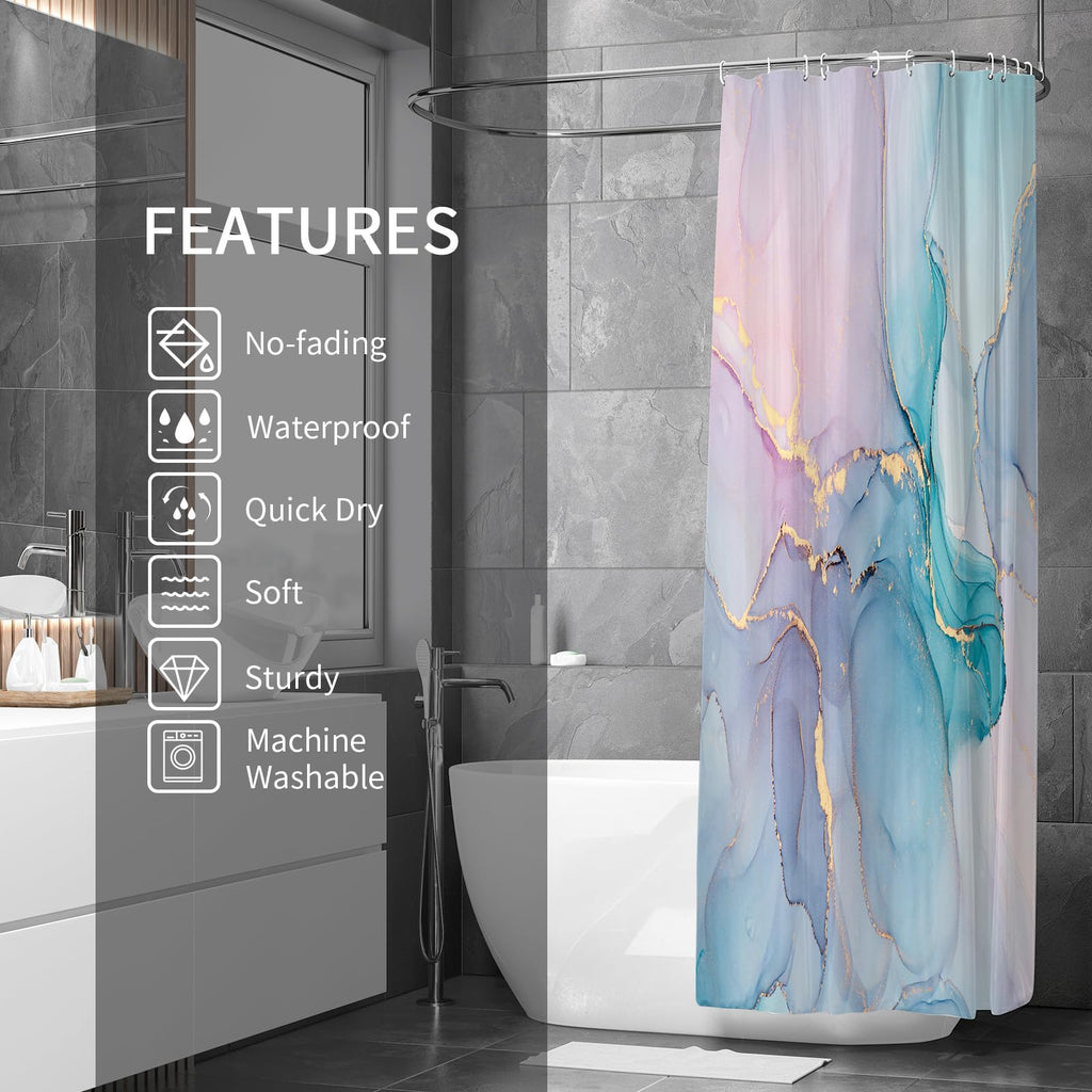 Gibelle Long Fabric Shower Curtain 72 X 78, Tall Abstract Marble Shower Curtain, Pink Turquoise Modern Ink Art Waterproof Fabric