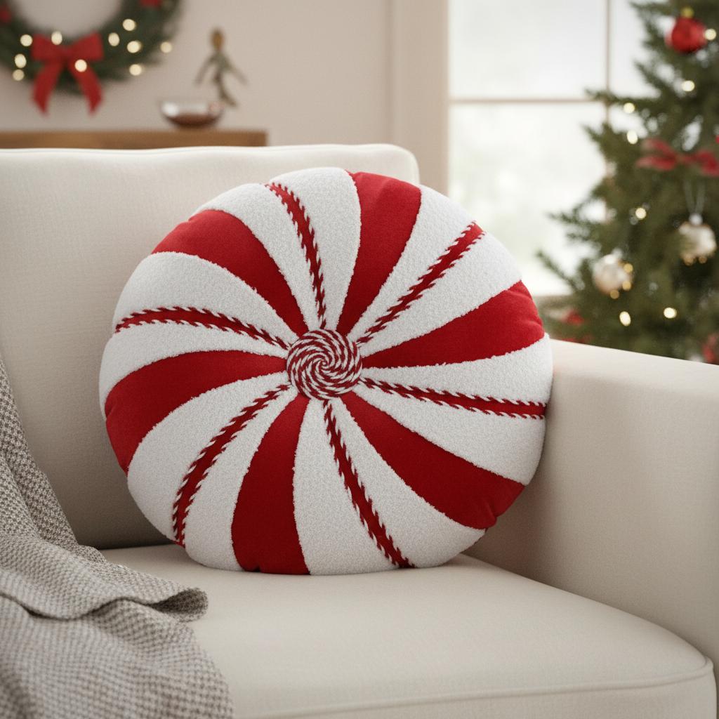 16 Red And White Cotton Velvet Round Christmas Striped Throw Pillow