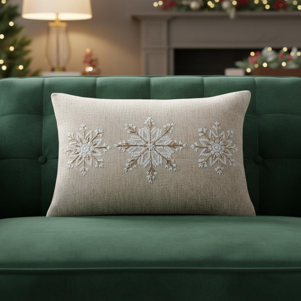 14 X 20 Beige Ivory And Gold Christmas Snowflakes Throw Pillow With Embroidery
