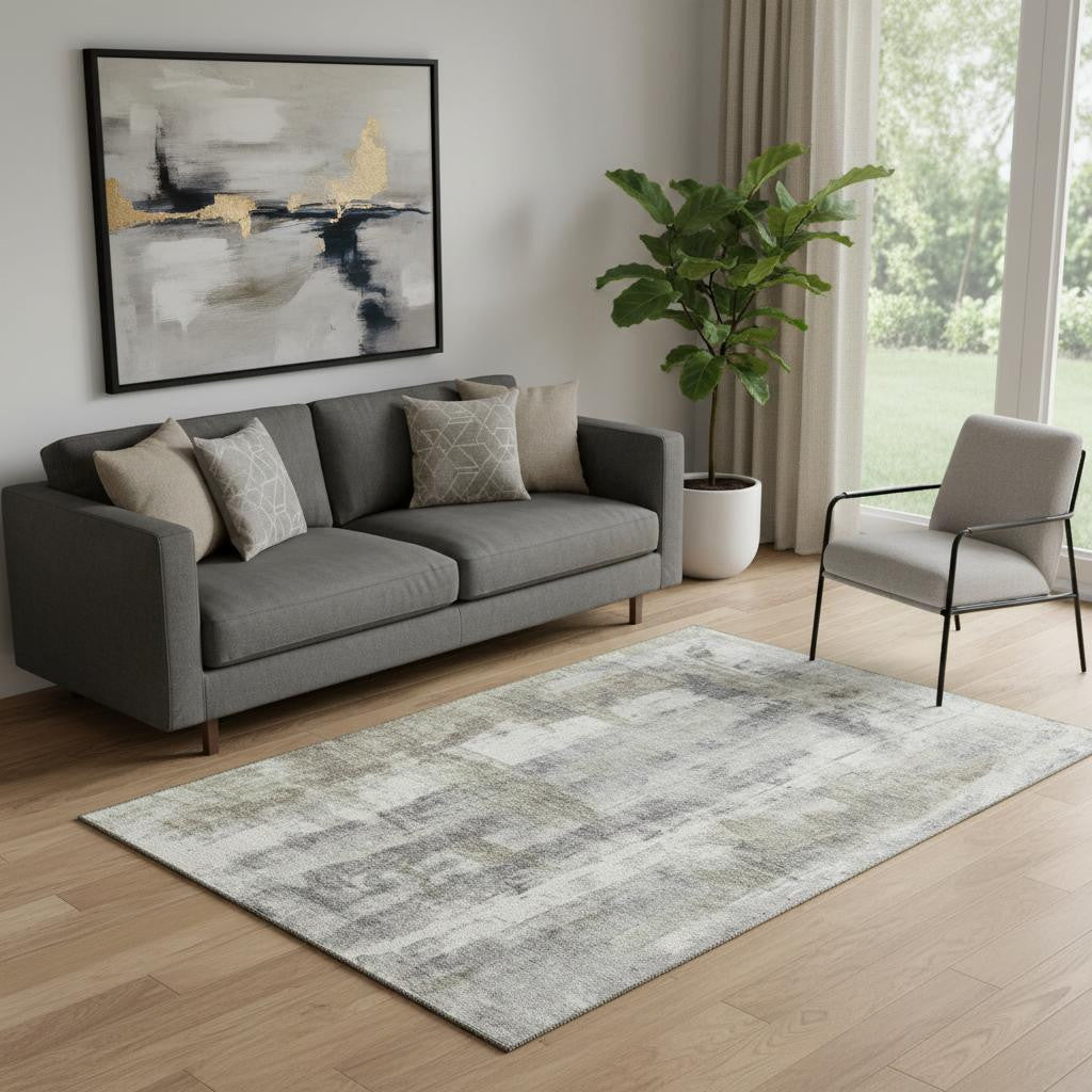 5 X 8 Beige Gray And Ivory Abstract Washable Area Rug With UV Protection