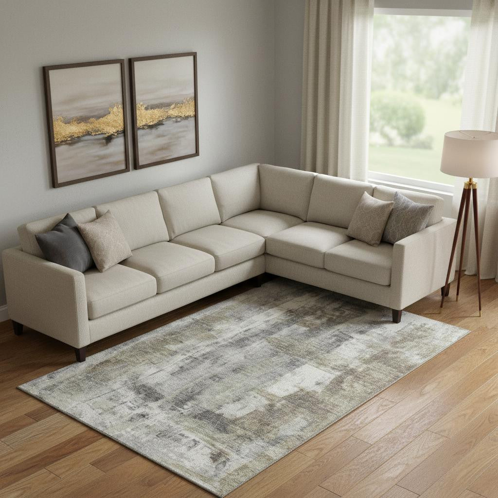 8 X 10 Beige Gray And Ivory Abstract Washable Area Rug With UV Protection