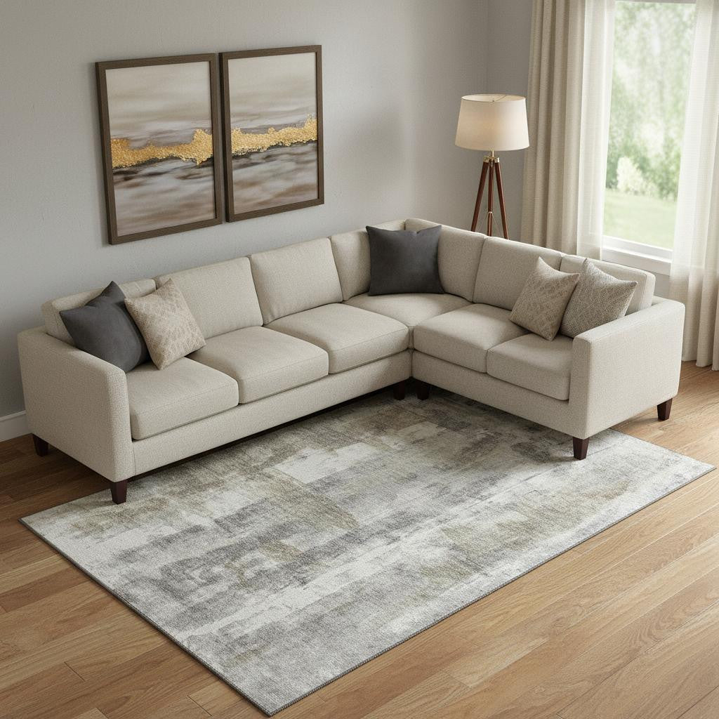 9 X 12 Beige Gray And Ivory Abstract Washable Area Rug With UV Protection