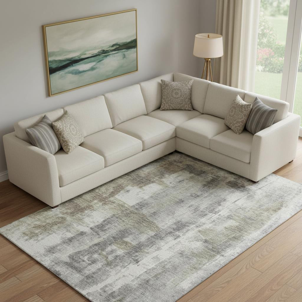 10 X 14 Beige Gray And Ivory Abstract Washable Area Rug With UV Protection