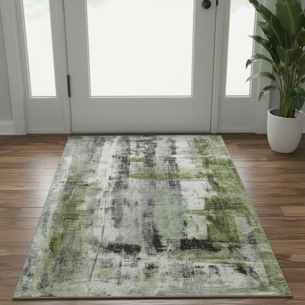 3 X 5 Olive Green Charcoal And Ivory Abstract Washable Area Rug With UV Protection