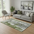5 X 8 Olive Green Charcoal And Ivory Abstract Washable Area Rug With UV Protection