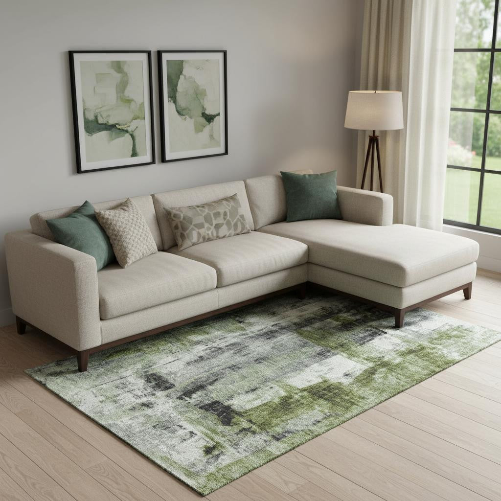 8 X 10 Olive Green Charcoal And Ivory Abstract Washable Area Rug With UV Protection