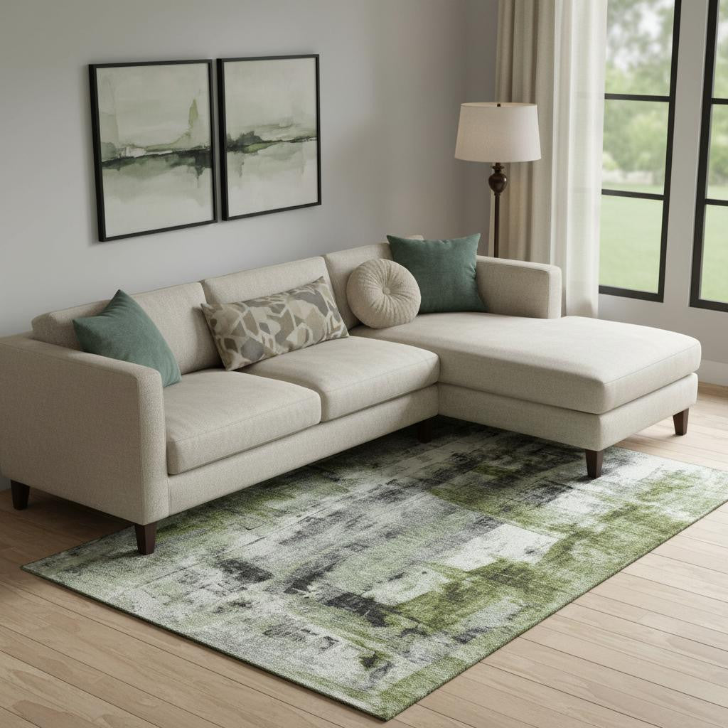 9 X 12 Olive Green Charcoal And Ivory Abstract Washable Area Rug With UV Protection
