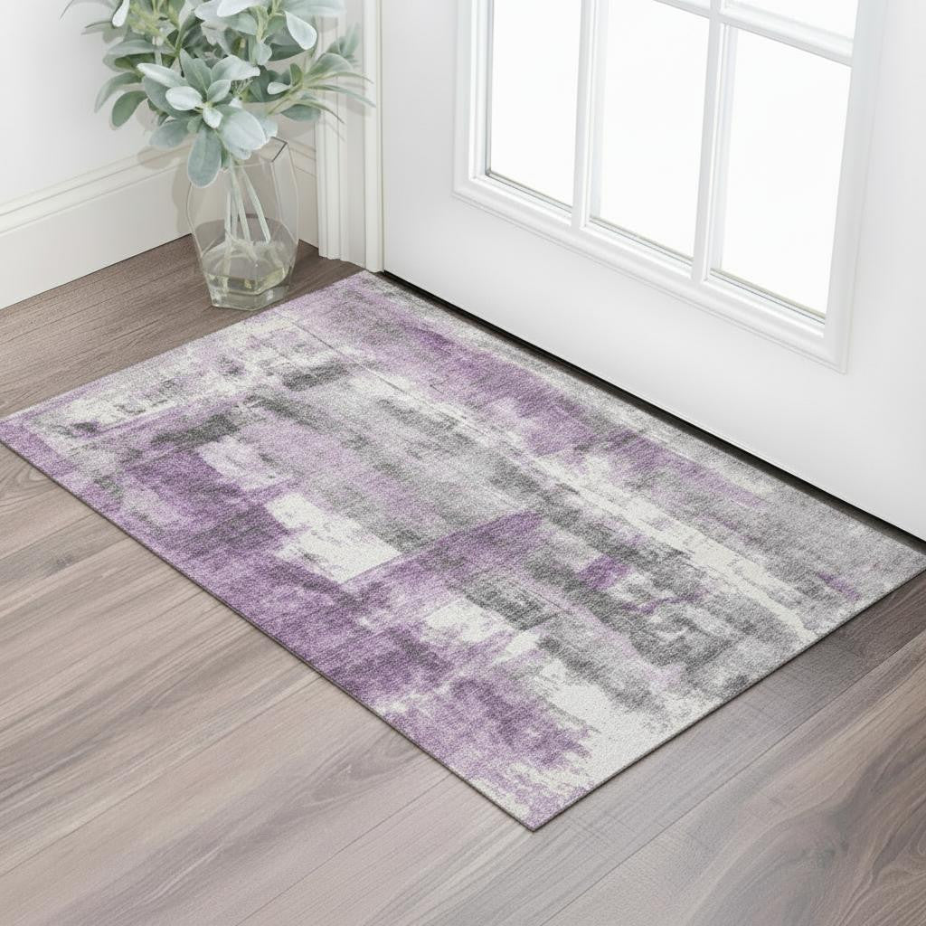3 X 5 Purple Charcoal And Ivory Abstract Washable Area Rug With UV Protection