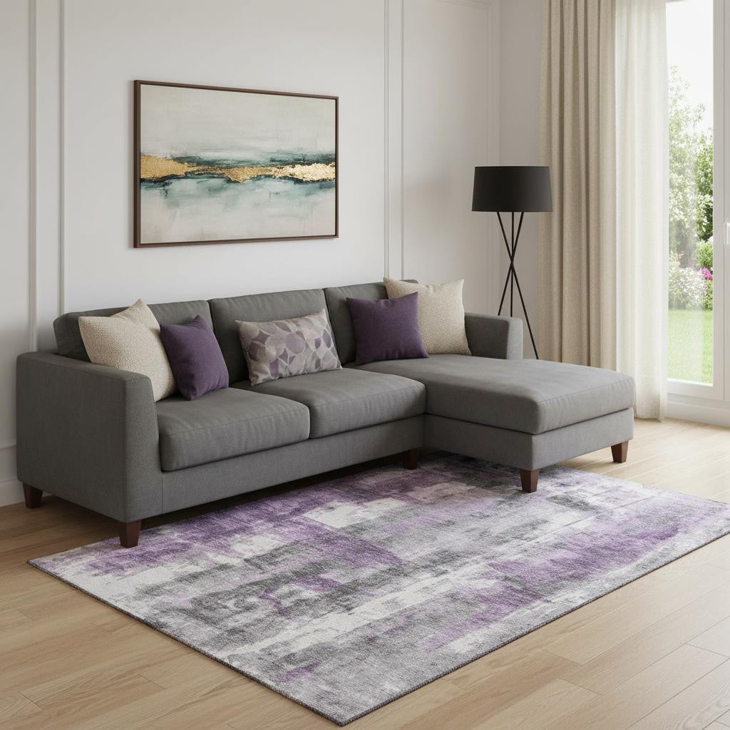 8 X 10 Purple Charcoal And Ivory Abstract Washable Area Rug With UV Protection