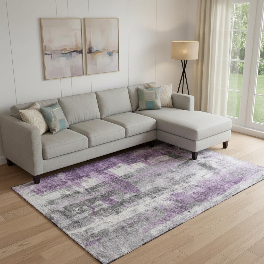 9 X 12 Purple Charcoal And Ivory Abstract Washable Area Rug With UV Protection