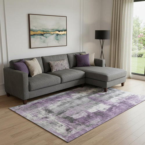 10 X 14 Purple Charcoal And Ivory Abstract Washable Area Rug With UV Protection