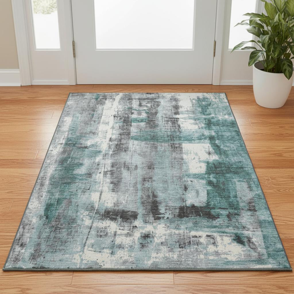 3 X 5 Teal Charcoal And Ivory Abstract Washable Area Rug With UV Protection