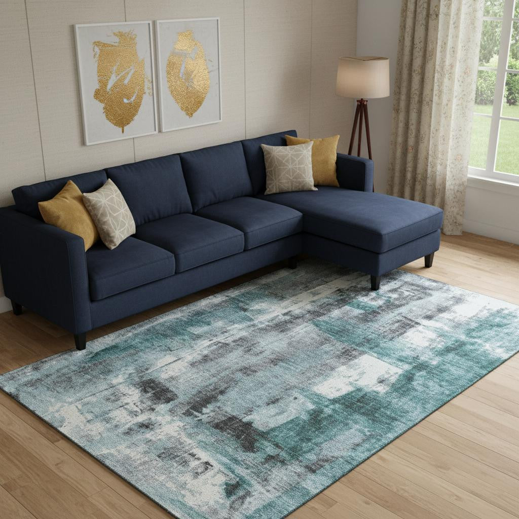 9 X 12 Teal Charcoal And Ivory Abstract Washable Area Rug With UV Protection