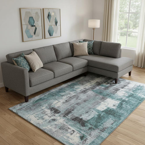 10 X 14 Teal Charcoal And Ivory Abstract Washable Area Rug With UV Protection